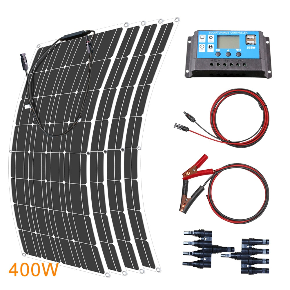 Solar Panels 400 Watts Flexible Waterproof Monocrystalline Solar Cell Panel Kit for Camping Home Car Off Grid 12Volt System